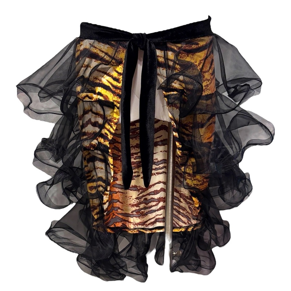 YILINFEIER Tiger Print Bustle Wrap Skirt with Black Tiered Flounces Ruffles